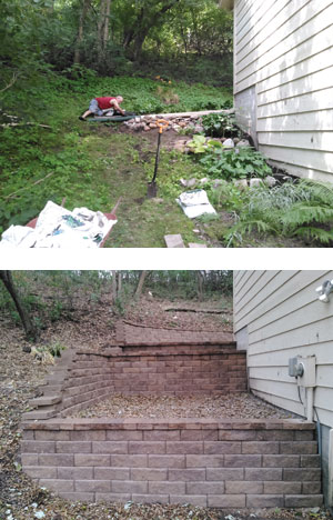 before and after image of retaining wall